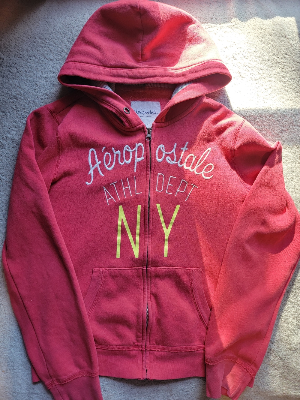 Aeropostale Girls Coral Pink Hooded Zip Sweatshirt with NY Graphic